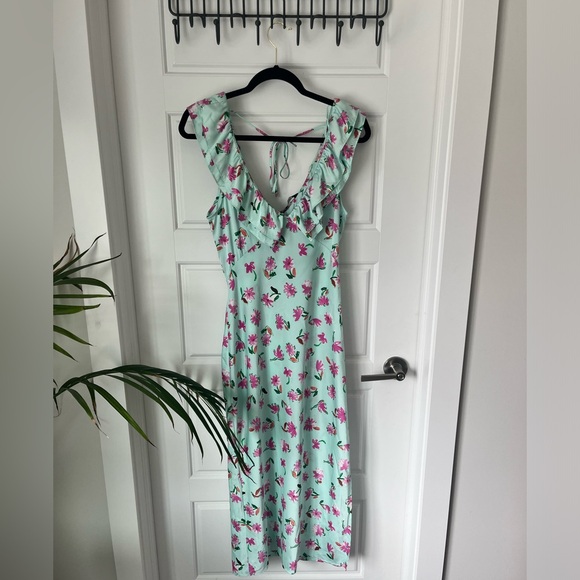 Mint Green Floral Satin Midi Dress - Picture 2 of 7